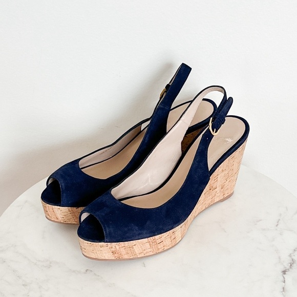 NEW STUART WEITZMAN Jean Suede Slingback Wedge Sandals Navy Blue Size 11.5 - Picture 4 of 10